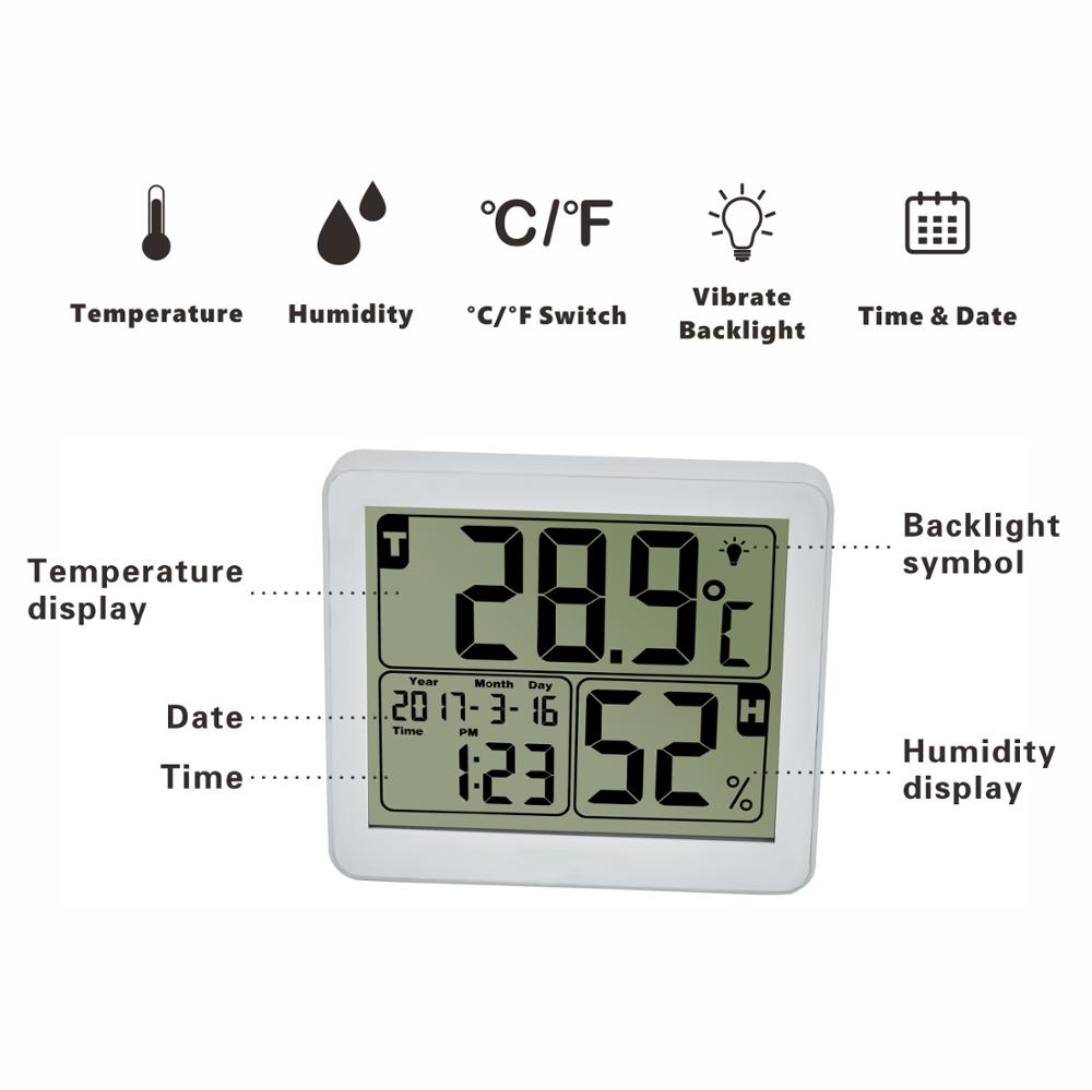 LCD Display Backlight Digital Indoor Thermometer and Humidity Monitor with Time and Alarm